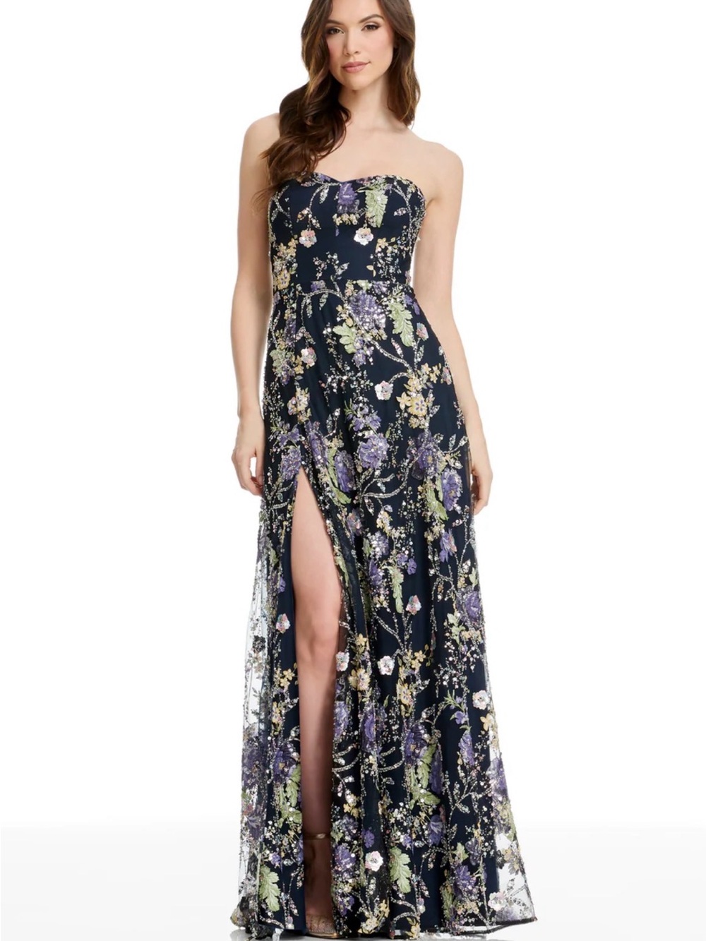 Dress the Population Navy Strapless Floral Embroidered Maxi Dress with High Slit
